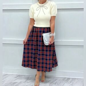 Entro Tartan Midi Skirt in Red and Navy